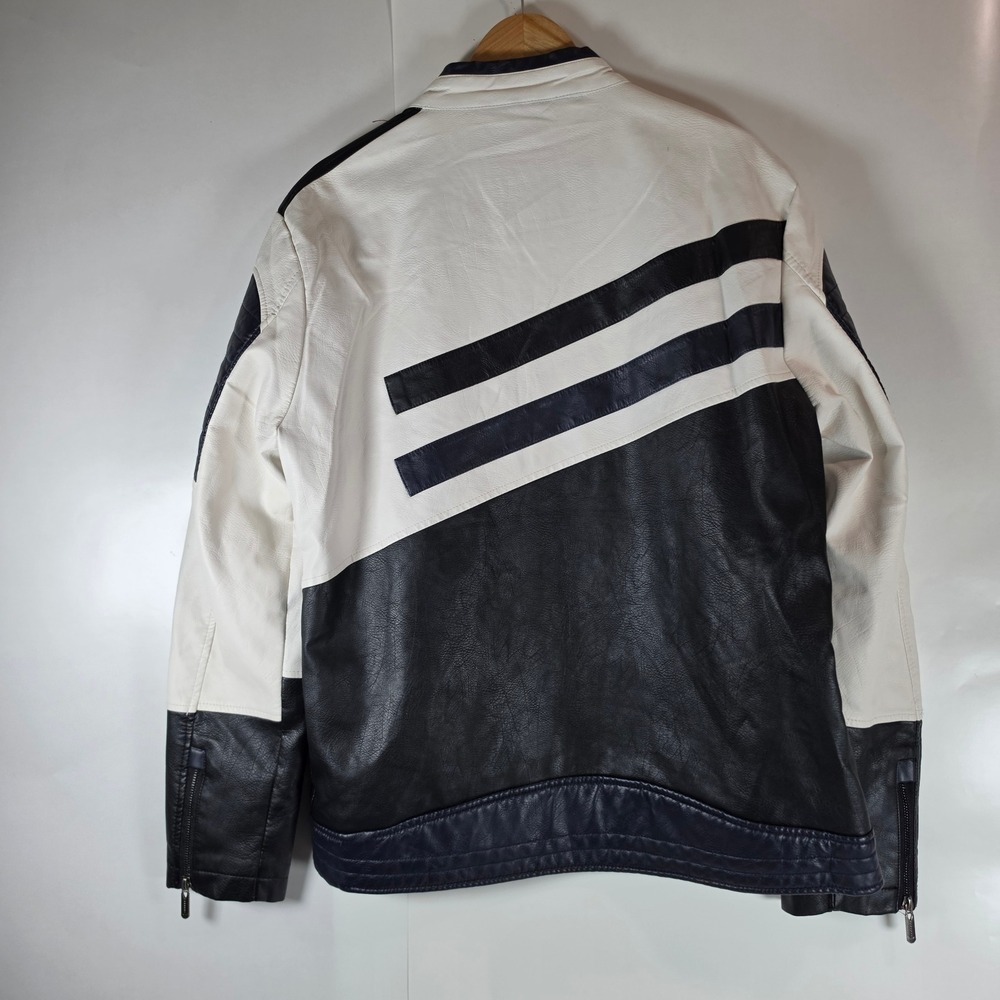 Cbyezy Mens Faux Leather Moto Jacket Black White Colorblock Cafe Racer 2XL - Picture 2 of 10